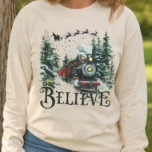 BELIEVE Christmas Long Sleeve Shirt – Santa Sleigh & Red Train Graphic – Cozy